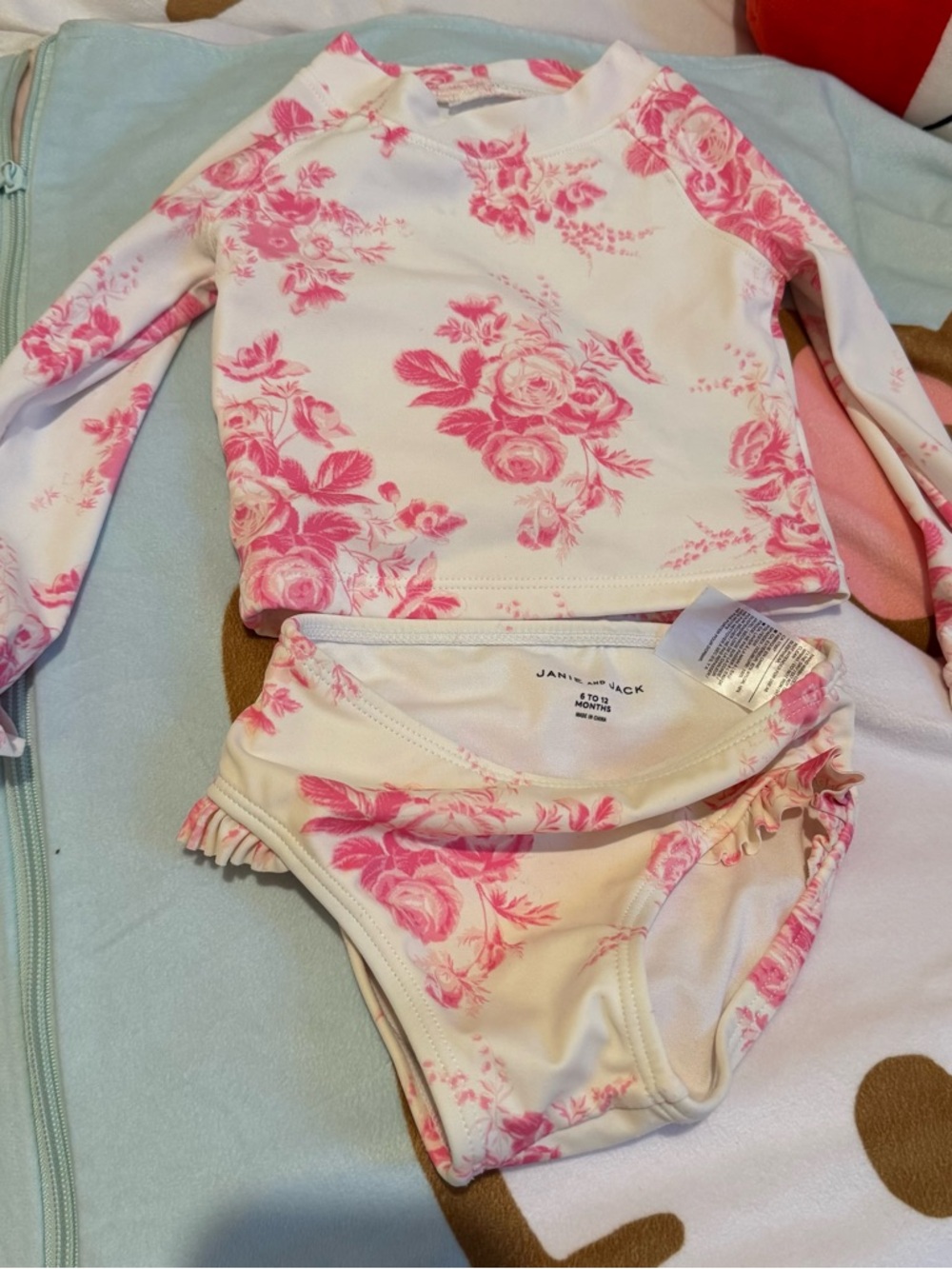 Janie and Jack baby girl swimming suit 2 pieces size 6-12 months white pink rose